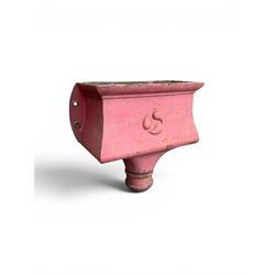 Edwardian heavy cast iron rainwater hopper, with water motif, painted in pale red finish