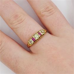 Victorian 15ct gold five stone chrysoberyl and ruby ring, Birmingham 1871