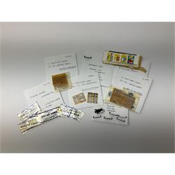Hornby Dublo etc - large quantity of labels etc comprising headboards and train names including Mallard, Mancunian, Bristolian, Royal Scot, Flying Scotsman, Red Rose, White Rose, etc; destination boards for corridor coaches; station names; miniature posters; insulating tabs; lubricating oil etc; many in original packets.
