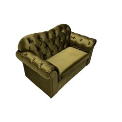 Chesterfield shaped snuggler sofa, upholstered in buttoned olive fabric, with scatter cushions
