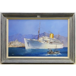  Colin Verity (British 1924-2011): 'Royal Mail Lines SS Andes Cruising in the Mediterranean', oil on board signed, titled verso on exhibition label 48cm x 75cm  Provenance: exh. Royal Society of Marine Artists, The Mall Galleries 1998, label verso  

