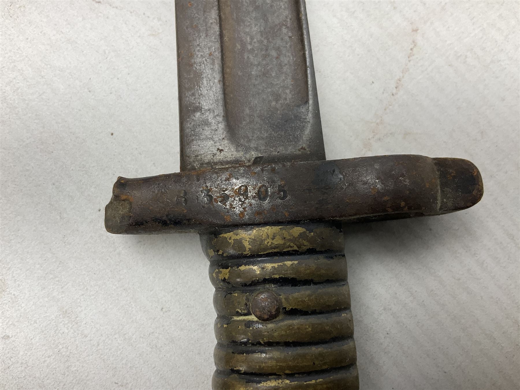 Five 19th century bayonets in relic condition without scabbards comprising British Pattern 1876 socket bayonet with Indian markings; French Model 1874 epee bayonet; and three French Model 1866 sabre bayonets (5)