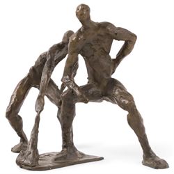 Modernist School (mid-20th century) - bronze cast sculptures depicting two abstract bronze figures, signed Lei and dated 1989, H16.5cm