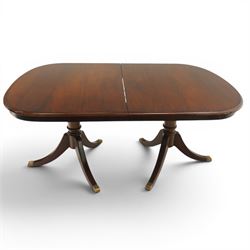 Georgian design mahogany twin pedestal extending dining table, rectangular rounded top on twin tripod pedestals with splayed supports, with additional leaf (W170cm D115cm H77cm); with set six (4+2) matching mahogany framed cameo-back dining chairs, upholstered in pale yellow lozenge patterned fabric (W57cm H94cm)