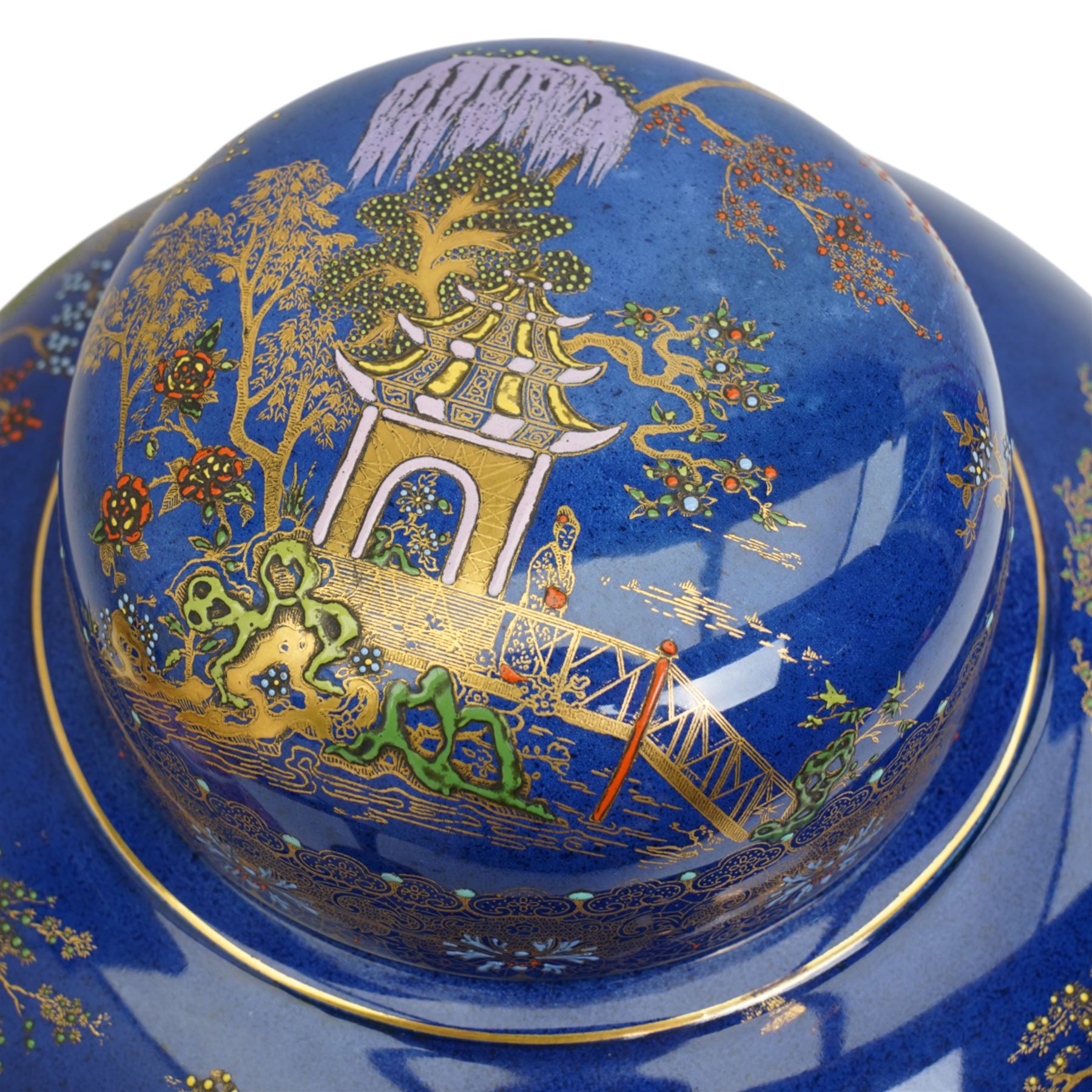 Large Carlton ware ginger jar and cover decorated in the New Mikado pattern on a blue ground H33cm, matching candlestick and a Masons Ironstone pink Vista pattern ginger jar and cover H23cm