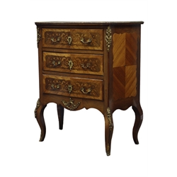  20th century French ormolu mounted and inlaid kingwood serpentine front secretaire chest of three drawers with fall front top drawer and shaped apron on angular cabriole legs with sabots, W74cm, H87cm, D35cm  
