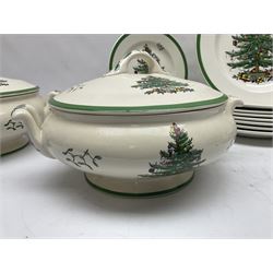 Collection of Spode Christmas Tree pattern part dinner service, comprising three covered tureens, eight dinner plates, eight side plates, eight dessert plates, sauce boat and saucer and serving platter (30)