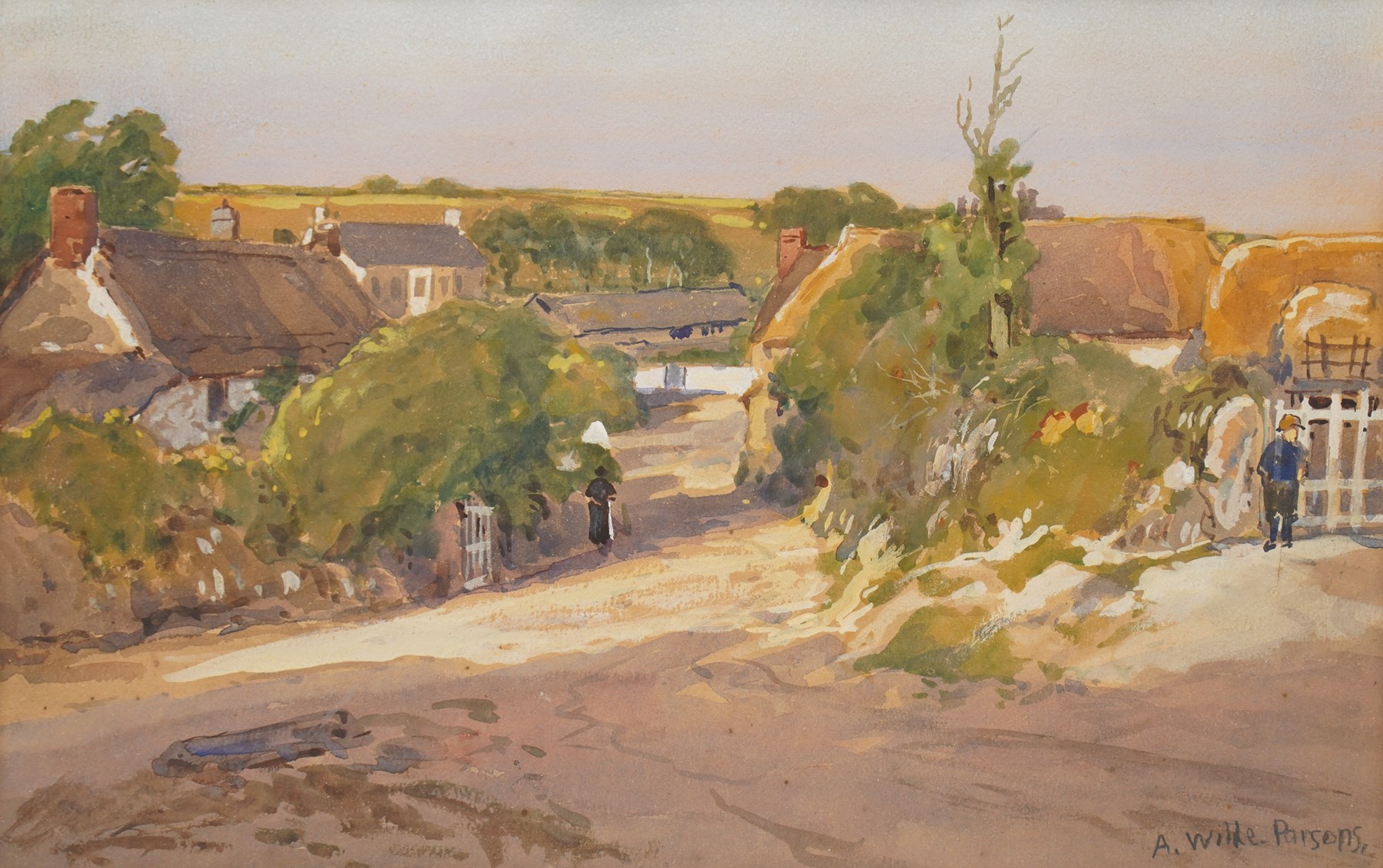 Arthur Wilde Parsons (British 1854-1931): Quiet Village on a Sunny Day, watercolour and gouache signed 21cm x 33cm