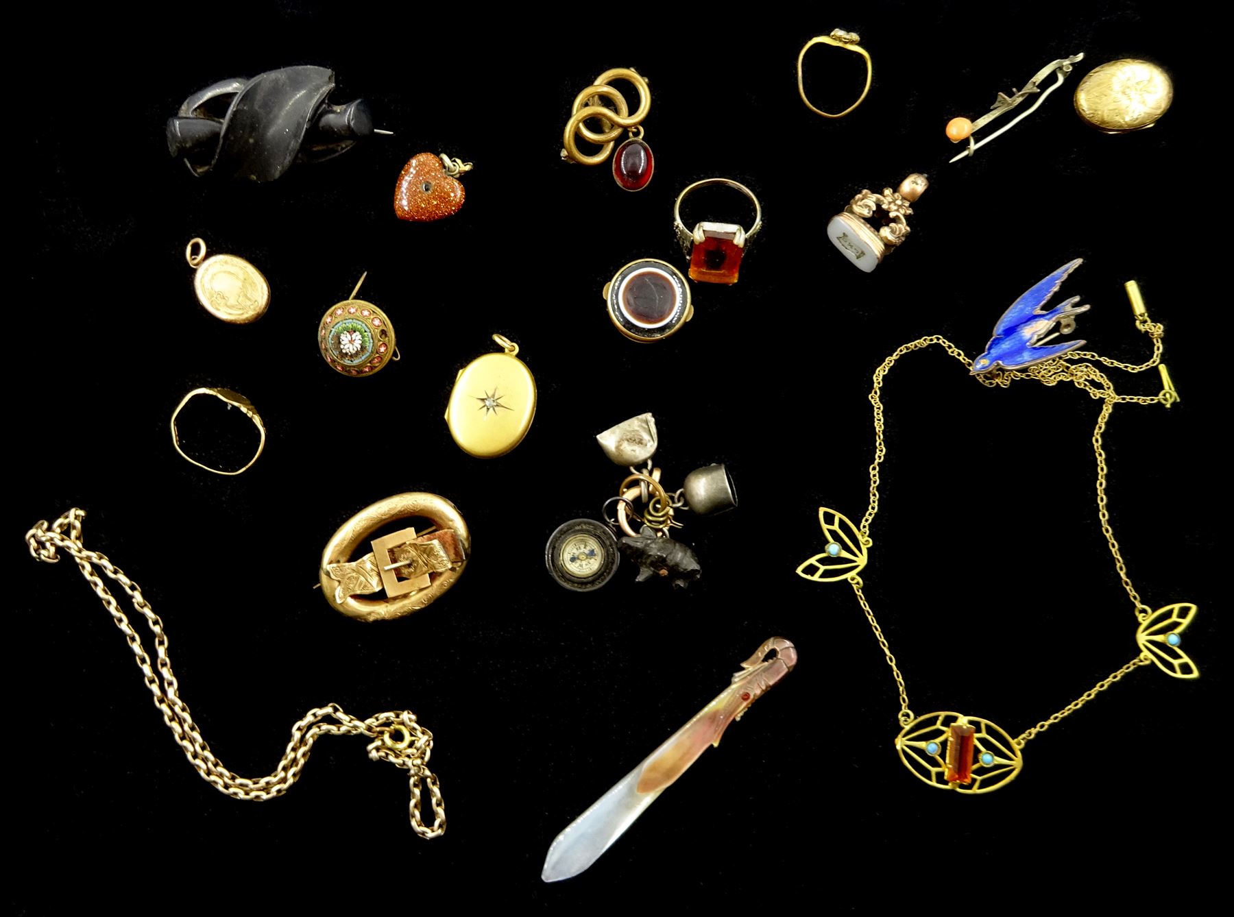 Collection of Victorian and later jewellery including 8ct gold chain, 9ct gold ring and buckle brooch, jet compass, pinchbeck seal fob, brooches, lockets etc