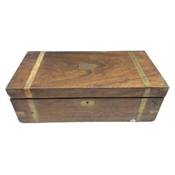 Mahogany brass bound writing box for restoration, the hinged lid lifting to reveal compartmented interior with folding slope, W50cm D25cm H18cm