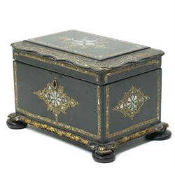 Victorian papier mache tea caddy inlaid with mother of pearl and gilt on compressed bun feet W20cm