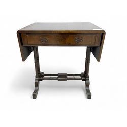 Small Victorian drop-leaf occasional table, rectangular top with drop sides and single frieze drawer, on turned supports and scrolled feet joined by twin stretchers