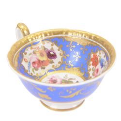 H&R Daniel trio, coffee cup, teacup and a saucer, circa 1825, Gadroon shape with D handle, painted with reserves of fine foliate sprays against a blue ground with gilt trellis detail, coffee cup including handle H8.5cm, saucer D14cm