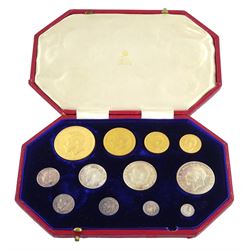  King George V 1911 proof long coin set, comprising gold half sovereign, sovereign, two pounds and five pounds, silver maundy money set, sixpence, shilling, florin and halfcrown, housed in dated case 
