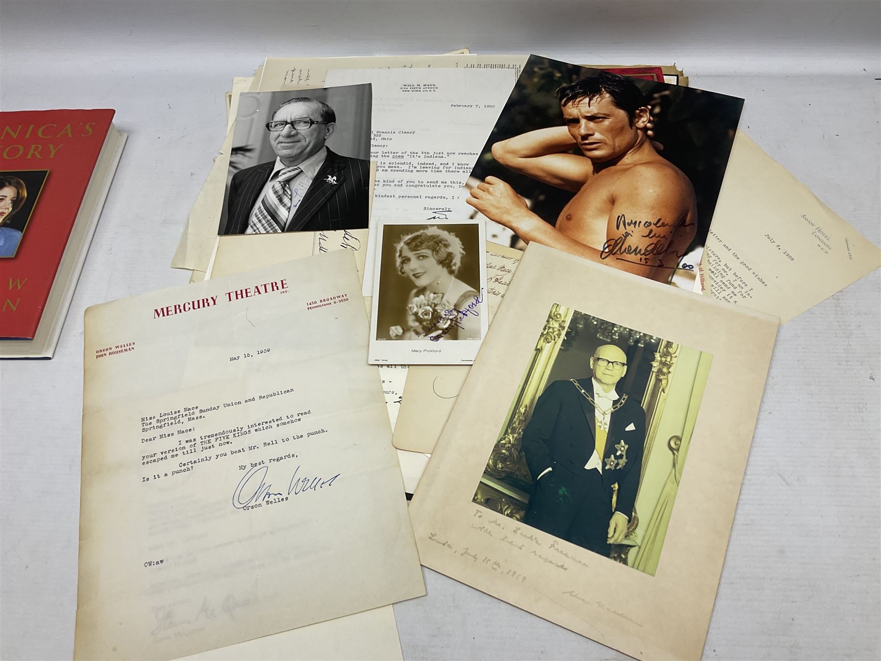 Over five-hundred and fifty autographs and signatures on cards, letters, posters, a book, photographs etc including Jefferson Davis, Lyndon B. Johnson, Orson Welles, Mary Pickford, Mickey Rooney, Peter O'Toole, Julie Andrews, Debbie Reynolds, Diana Dors, Alain Delon, Christiaan Barnard, Monica Lewinsky, Clifford Bax, Dom Mintoff, Pierre Trudeau, Margaret Truman, Marie Stopes, Havelock Ellis, Alfred Piccaver, Elisabeth Schumann, James Doolittle, Will Hays, Jesse Lasky, Billie Whitelaw, Megan Lloyd George, Leni Riefenstahl, Princess Anne & Captain Mark Phillips, Princess Alexandra of Kent & Angus Ogilvy, Prince & Princess Michael of Kent, Laurence Olivier, Leslie Caron, Lillian Hellman, Roddy Doyle, Max Mosley, Charlton Heston, Jerry Lewis, Jeremy Brett, Tallulah Bankhead, Russell Braddon, Marc Chagall, Roy Jenkins, Beatrice Webb, Olave Baden-Powell, Samuel Hoare, Leslie Hore-Belisha, Amelita Galli-Curci, Joan Miro, Tony Blair, Beryl Cook, Giles etc
