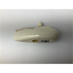 Three pieces of crested ware, comprising grenade detailed 'The Mills Hand Grenade' with Filey Crest, marked beneath Grafton China, a cannon with crest banner detailed 'Sterlini Oppidvm', marked beneath W H Goss, and a submarine with Tunbridge Wells crest, marked beneath Arcadian China 