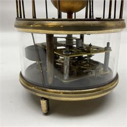 Automation bird cage clock of predominantly brass construction with central rotating orb and two birds with feathered decoration, H19cm