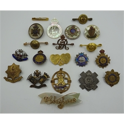 Collection of Cheshire, City of London, London Irish Rifles, Hertfordshire sweetheart brooches etc including carved mother of pearl The Hertfordshire regiment, enamelled examples, 'Mizpah' sweetheart brooch etc, provenance - a Private Yorkshire collector (19)  