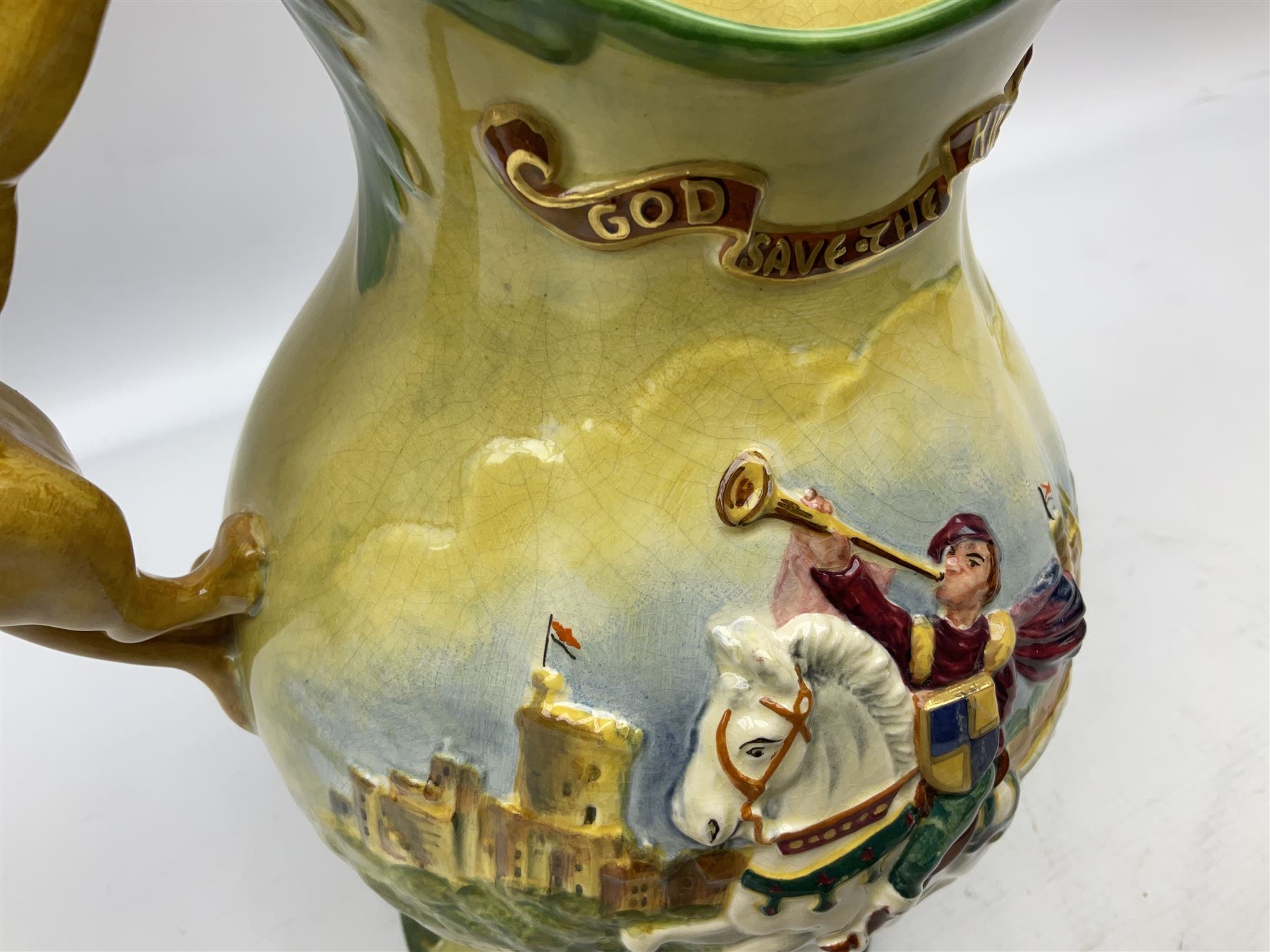 Crown Devon Fieldings George VI Coronation musical jug, with lion handle, no. 179 of an edition of 1500, H29cm