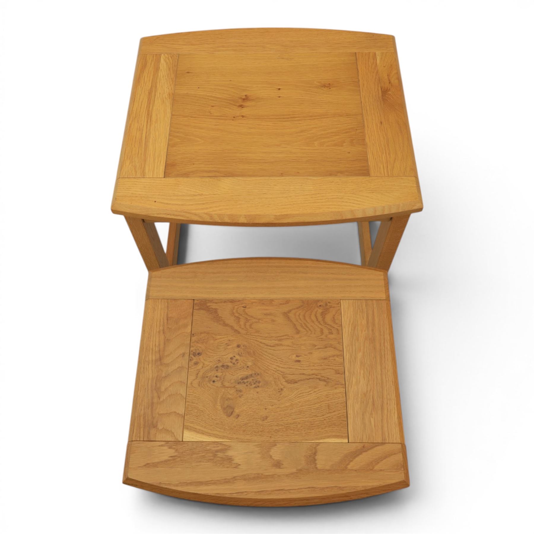 Contemporary light oak nest of two tables, and a contemporary light oak side table, fitted with single drawer