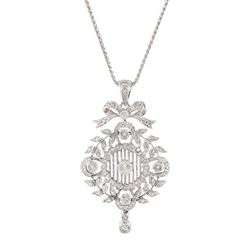 18ct white gold round brilliant cut diamond openwork pendant, with bow top and laurel leaf border, Birmingham assay mark, on 9ct white gold chain, hallmarked, total diamond weight 0.55 carat
