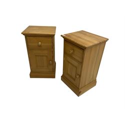 Pair traditional pine bedside cabinets, single drawer over cupboard