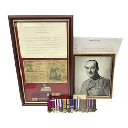 Captain (later Brigadier) Percy Howard Hansen V.C., D.S.O., M.C. 6th (Service) Battalion Lincolnshire Regiment - representative group of thirteen miniature dress medals comprising VC, DSO, MC, WW1 trio, GSM with Palestine clasp, four WW2 medals/stars, George VI Coronation Medal and French Croix-De-Guerre with MID leaves; all with ribbons on pinned bar for wearing; together with display of contemporary tunic ribbon bars for eight medals, framed with Lincolnshire Regiment cap badge, newspaper cutting and London Gazette extract; framed head and shoulder portrait of Hansen in uniform clearly showing his medal bars; and copies of related biographical information. Auctioneer's Note: Extract from the London Gazette 1st October 1915 regarding the VC 'For most conspicuous bravery on the 9th August 1915, at YILGHIN BURNU Gallipoli Peninsular. After the second capture of the 