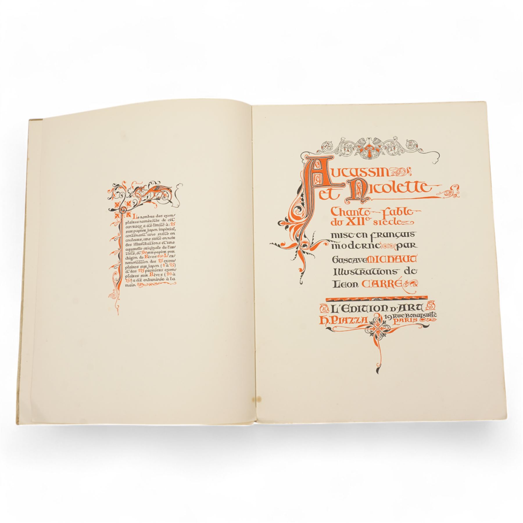 G Michaut - 'Aucassin et Nicolette' - pub.in French by L'Edition D'Art Henri Piazza 1929 limited edition with coloured plates by L Carre, soft cover, Gide, Romains Colette and Mauriac - 'La Guirlande des Annees' pub. Flammarion 1941, limited edition of 500 with coloured plates, J Marchand - 'Le Roman de Tristan et Iseut' 1924, coloured plates by Robert Engels, soft cover and 'Le Roman de Jean de Paris' 1924, soft cover and coloured plates, all published in French 