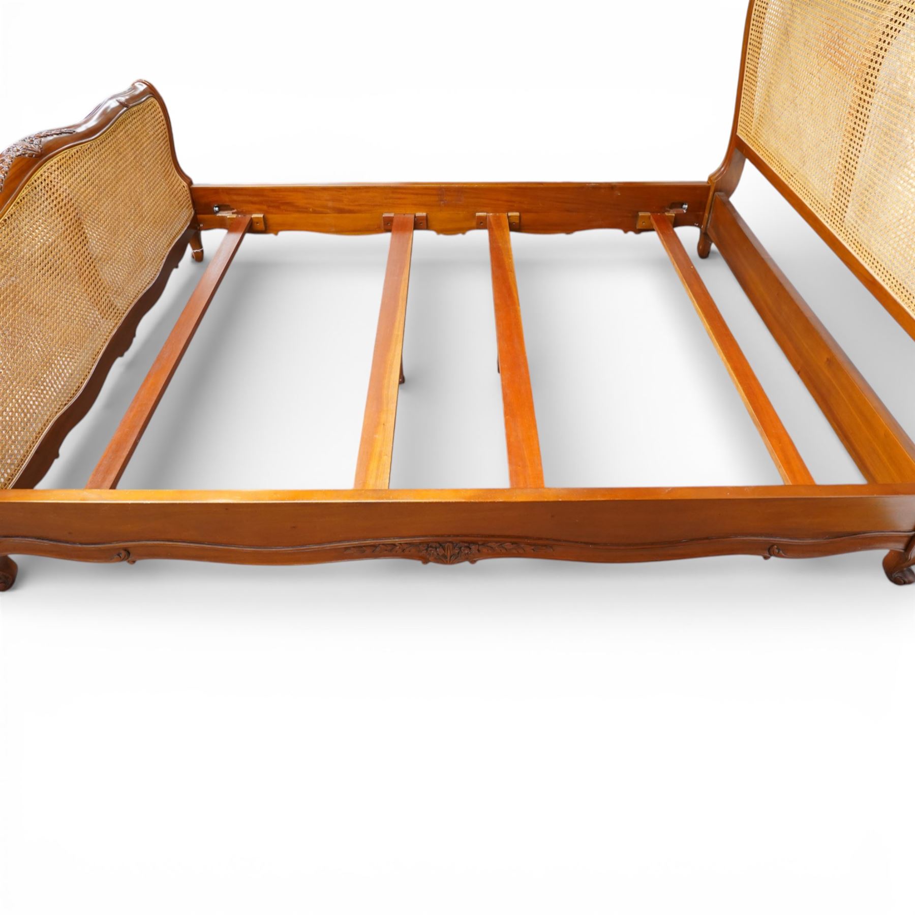And So To Bed - 5ft king size bed double 'Louis' caned bed with white upholstered sprung base panels, with scrolled headboard and footboard enclosing a double caned panel, on short cabriole supports  