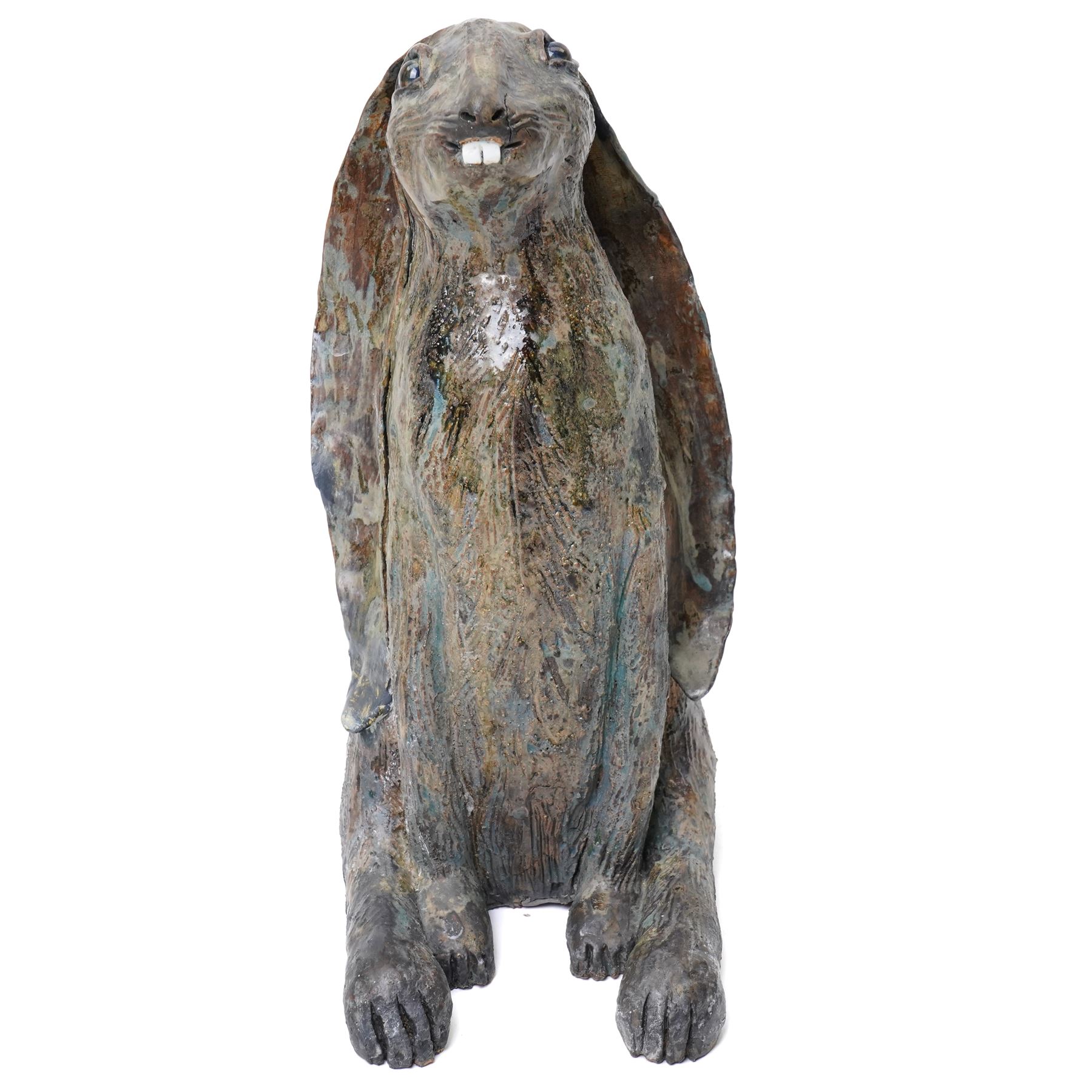 Galea Belinscaia (Yorkshire Contemporary): Hare, glazed figurative sculpture, H42cm Notes: Awarded second prize in the 2019 Bradford Open exhibition and Art Competition judged by John Loker and Caroline Douglas. The sculpture was complimented for its tremendous presence, with the judges noting that Belinscaia's work is 'witty, inventive and wonderfully dynamic.'