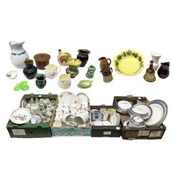 Large quantity of ceramics to include Grimwades Byzanta ware bowl in the Watteau pattern, D41.5cm, together with Sylvac vase, Bell's Whisky decanter, Denby stoneware teapo, Spode Flemish Green, Royal Standard, Wood & Sons Clovelly, together with other ceramics to include Delft style, Mid century Spode Copeland 'Cutie Kitten' bowl, Crown Ducal King George VI and Queen Elizabeth Coronation Emu Wines flask with stopper, c1937, Carlton Ware sauce boat and saucer, Crown Devon and quantity of ceramic jugs etc