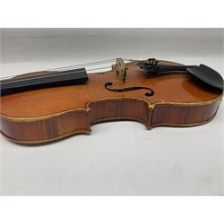 Two three-quarter size violins - German Saxony with 34cm one-piece maple back and ribs and spruce top; L56cm overall; and Hungarian with 34cm two-piece maple back and ribs and spruce top; L56cm overall; each in carrying case with bow (2)