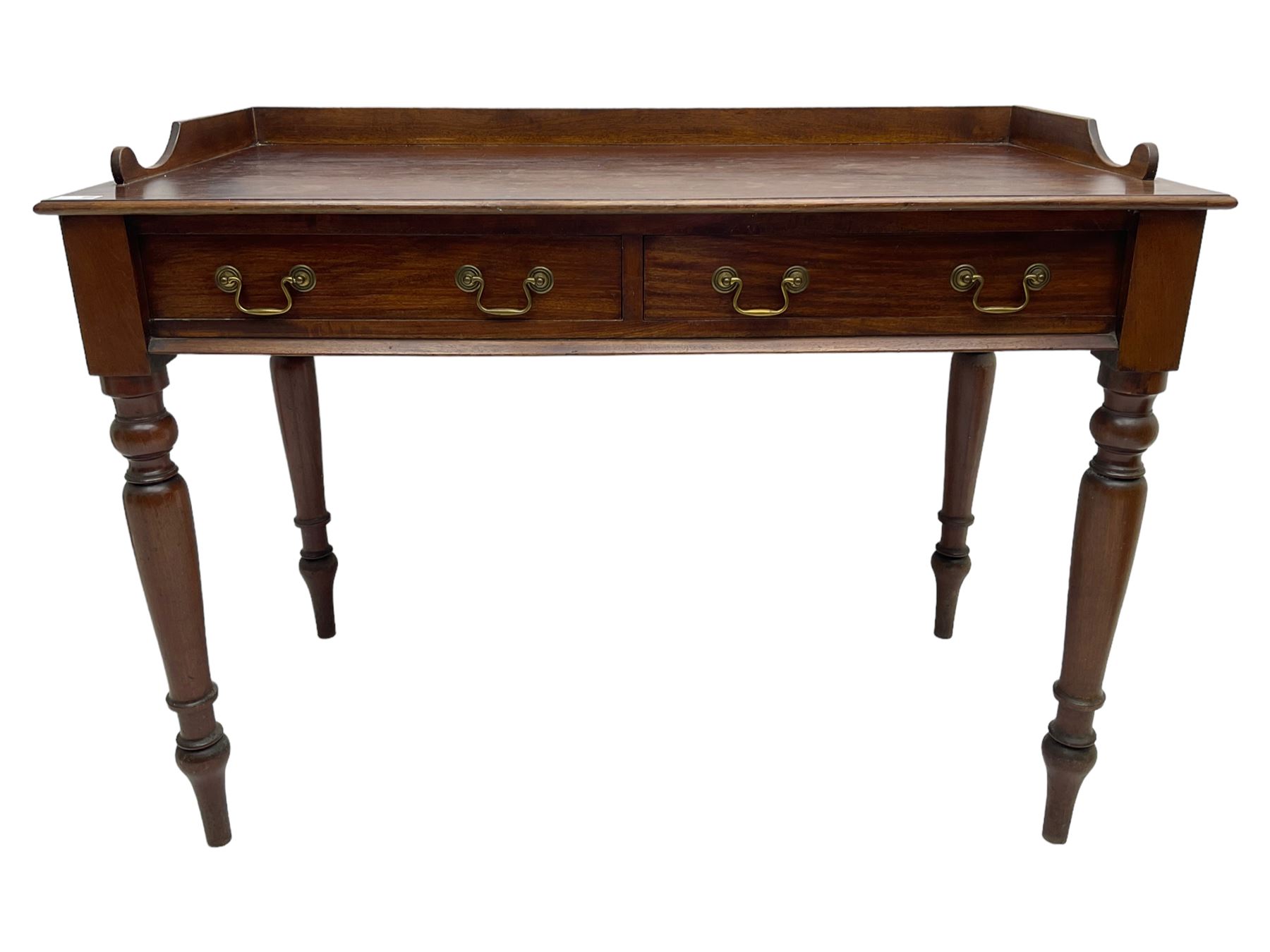 Victorian design mahogany washstand, raised back over rectangular moulded top, fitted with two drawers, on turned supports
