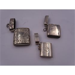 Victorian silver vesta case, with engraved vacant cartouche and scroll decoration, hallmarked Minshull & Latimer, Birmingham 1895, H5.5cm, together with a smaller Victorian plain silver example, hallmarked Deakin & Francis Ltd, Birmingham 1897, and another later plain silver example, stamped 925 Sterling, approximate total weight 3.18 ozt (99 grams)