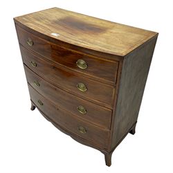 George III mahogany bow-front chest of drawers, four graduated drawers with oval brass handles, raised on splayed bracket feet with a shaped apron