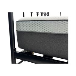 Contemporary Victorian revival black metal day bed, featuring arched back and sides with turned finials and spindle rails, complete with single 'OTTO' mattress