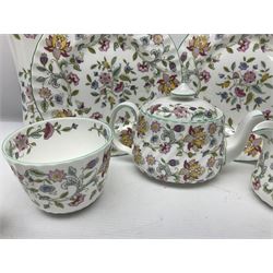 Minton Haddon Hall part tea service, including teapot, covered sucrier, milk jug, six teacups and saucers of various sizes, covered preserved jar, to vases etc (38)