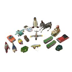 Seventeen modern Chinese, Japanese and Continental tin-plate toys including ice-cream vendor, zebra, cars, boat, aircraft, trams, locomotive, birds etc; all unboxed (17)