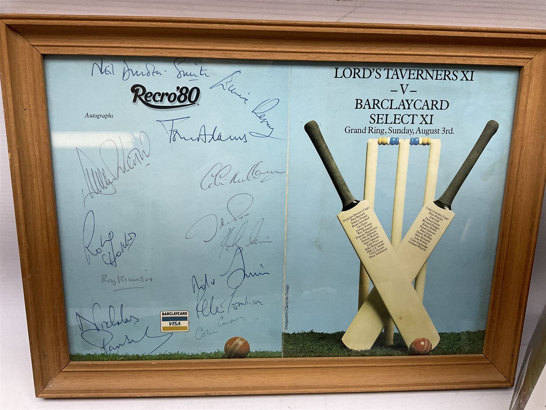 Sondico cricket bat with Yorkshire C.C.C. signatures; framed Lord Taverners v Barclaycard XI programme signed by Colin Milburn, Colin Cowdrey, Roy Kinnear, Nicholas Parsons etc; souvenir Ashes 1994/95 cricket ball; books of cricket interest; tie-pin etc