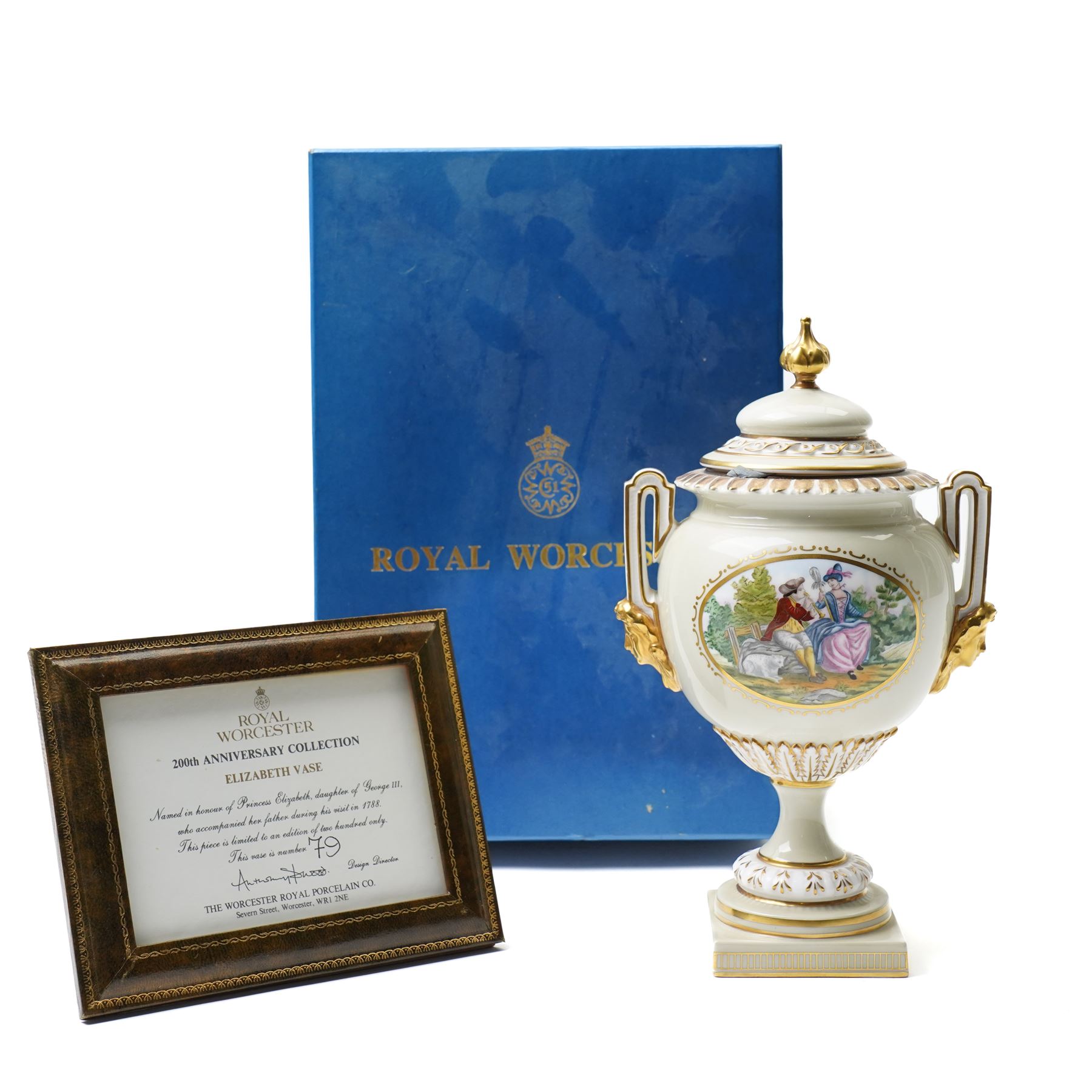 Royal Worcester Elizabeth Vase, H21cm; together with a Royal Crown Derby rectangular serving dish, painted with a shipping scene by WEJ Dean, W28cm, a Davenport plate painted with St Michaels Mount, D24cm, and a Minton plate painted with fruit by F Walklett, D23cm (4)