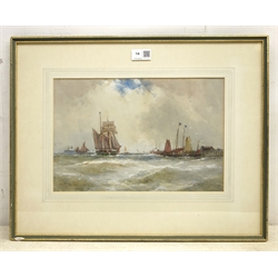  Frank Henry Mason (Staithes Group 1875-1965): Steam and Sailing Vessels off the Coast, watercolour heightened in white signed 23cm x 34cm  DDS - Artist's resale rights may apply to this lot    