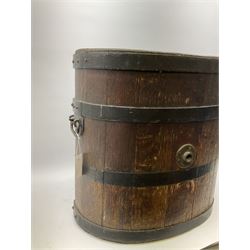 Large coopered oak open oval barrel with dished base, two side carrying handles and central brass fitting for tilting H56cm W56cm