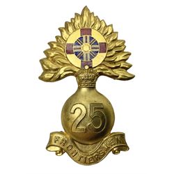 WW1 25th Battalion (Frontiersmen) City of London Royal Fusiliers Cap Badge; gilt brass fused grenade with 25 to the centre; circular section to the flames with red enamel cross and enamel union flag with GOD GUARD THEE to the centre; lower scroll with FRONTIERSMEN; two lug fittings verso.