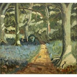 Ronald Ossory Dunlop (British 1894-1973): Walking the Dog in the Forest at 'Arundel', oil on board signed, titled verso 36cm x 38cm