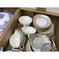 Crown Staffordshire part dinner service, with gilt decoration on a white ground, including seven twin handled soup bowls, tureen, side plates and dinner plates etc, together with two blue and white tureens, Halcyon Days trinket box, and other ceramics and glassware etc, in two boxes