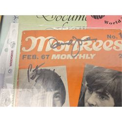 Monkees memorabilia - 'Monkees Monthly' magazine almost complete run from No.1 Feb 67 to No.31 Aug 69 (lacking nos.29 and 32); the cover of No.1 signed by all four members of the group during their 1997 Reunion Tour; quantity of A&BC bubble gum cards; programme for their only UK live performance in 1967 at Empire Pool Wembley; and other related late 1960s music magazines/paperback book