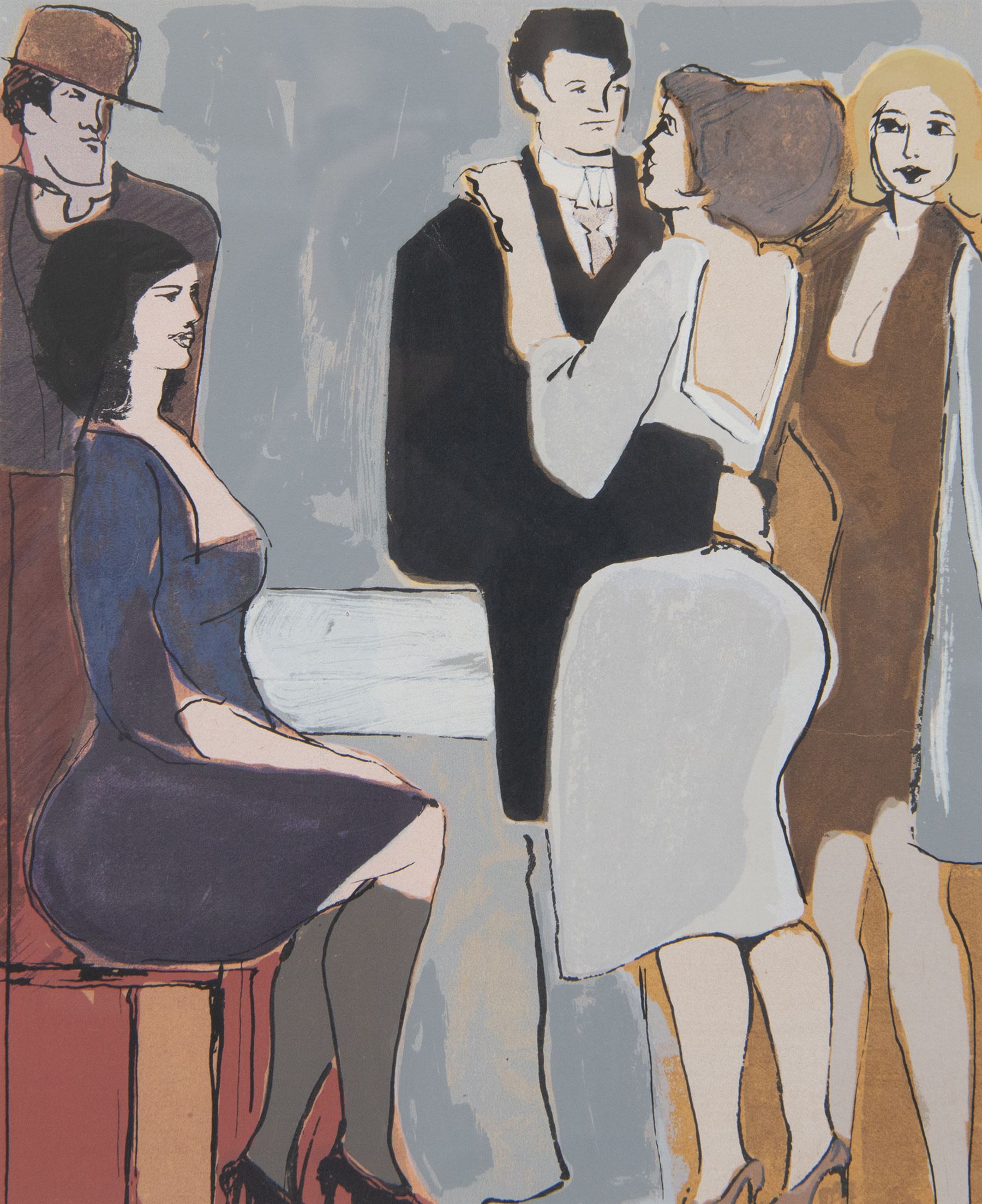 David Schneuer (Austro Hungarian 1905-1988): Figures at a Party, limited edition serigraph signed and numbered 51/250 in pencil 33cm x 28cm
Notes: Schneuer who emigrated to Israel, was well known for his paintings and serigraph prints of cafe scenes and depictions of the German and Parisian social scene in the 1920's. His expressionistic style is evident as he creates scenes filled with a party-like atmosphere, constantly exploring sex and eroticism