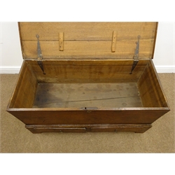  Late 18th century oak mule chest, hinged lid above two drawers, shaped bracket supports, W111cm, H56cm, D48cm  