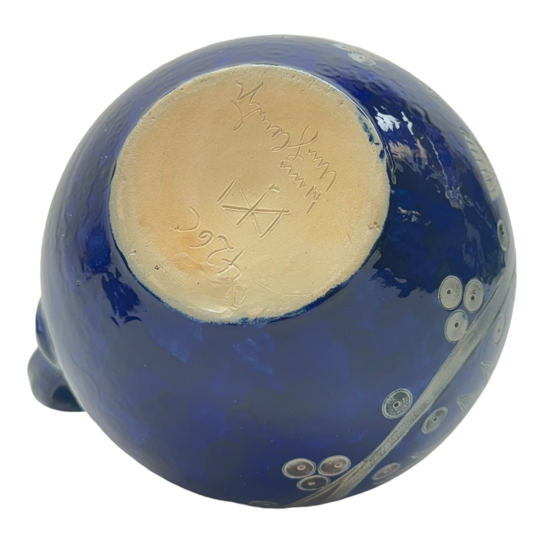 Wim Muhlendyck (1905-1986),  saltglaze stoneware jug of globular form with pulled and applied handle and ribbed neck with white cover, with stylised cockerels and flowers on a dark blue ground, with makers mark beneath, H22cm