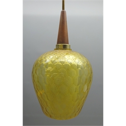  1960's centre light fitting with amber glass shade, with inner frosted glass shade and tapered teak fitting, H40cm   
